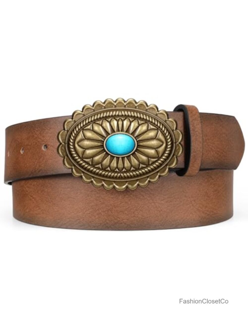 Women's Western Leather Belt with Turquoise Concho Buckle Cowgirl Adjustable